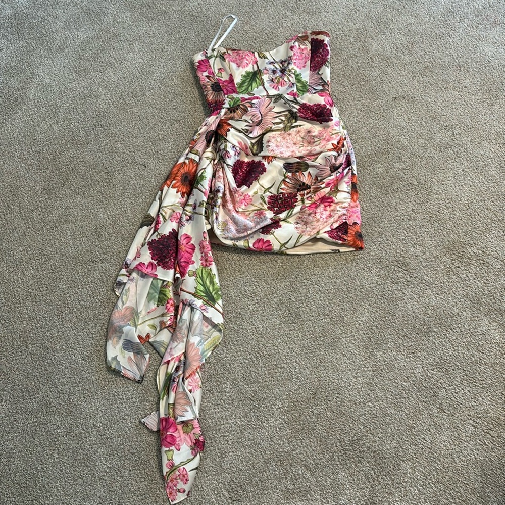 Katie May Strapless Floral Mini Dress in Cream, Pink, Green